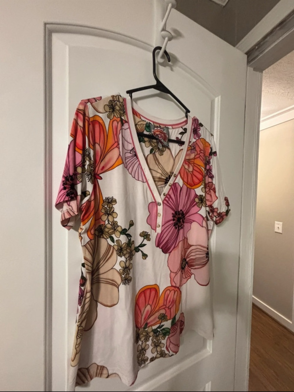 Johnny Was Pink Multi Floral V-Neck Short Sleeve Tee